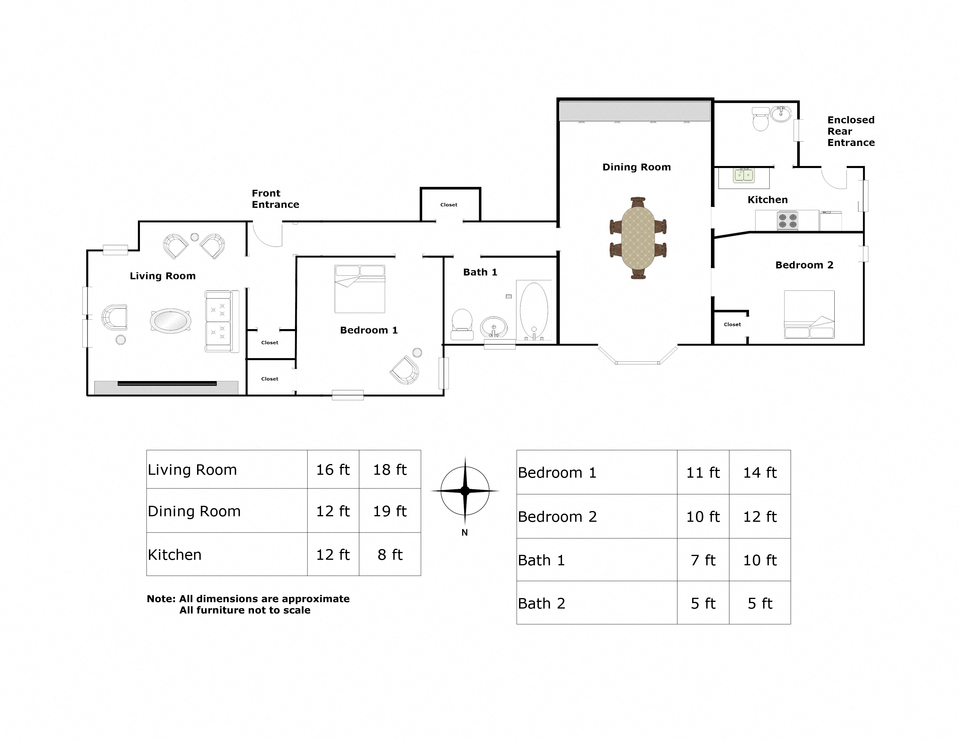 Floor plan for 2 beds, 1.1 baths